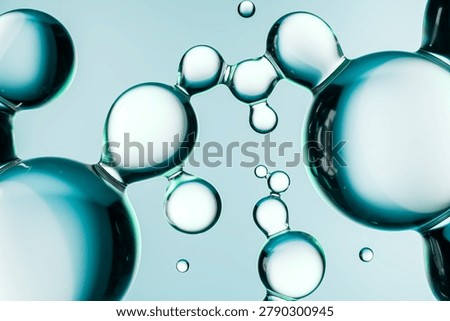 Abstract cosmetic molecule structure with transparent gel bubbles. Futuristic skincare serum, collagen and peptide concept, clean beauty science background with glossy liquid texture.