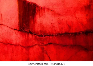 Abstract Cracked Red Wall For Background. Spooky And Also Creepy Wall Texture Background. Horror Concept