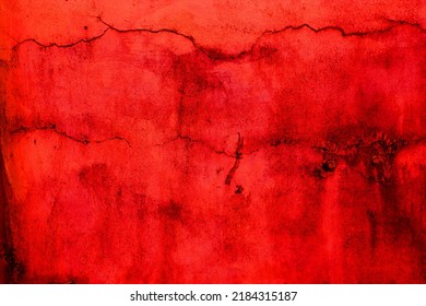 Abstract Cracked Red Wall For Background. Spooky And Also Creepy Wall Texture Background. Horror Concept