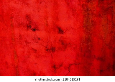 Abstract Cracked Red Wall For Background. Spooky And Also Creepy Wall Texture Background. Horror Concept