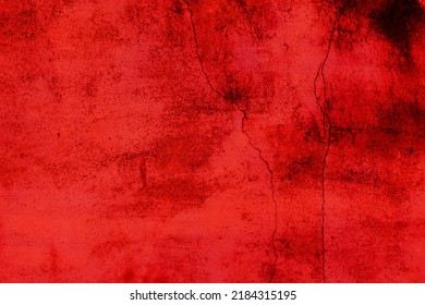 Abstract Cracked Red Wall For Background. Spooky And Also Creepy Wall Texture Background. Horror Concept