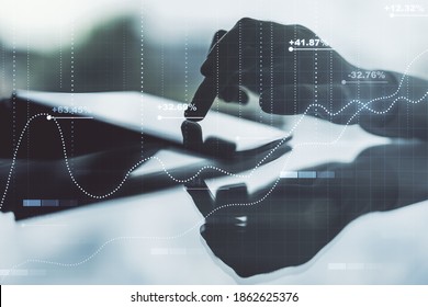 Abstract creative analytics data spreadsheet with finger clicks on a digital tablet on background, analytics and analysis concept. Multiexposure - Powered by Shutterstock - Get 15% off with code: PIKWIZARD15