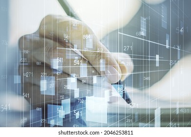 Abstract creative analytics data spreadsheet with woman hand writing in diary on background, analytics and analysis concept. Multiexposure
