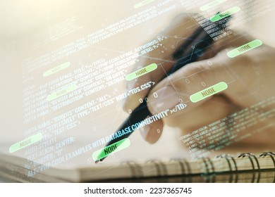 Abstract creative coding concept with man hand writing in notebook on background. Multiexposure