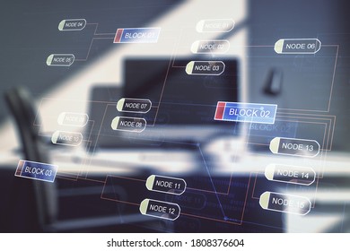 Abstract creative coding concept and modern desktop with computer on background. Multiexposure
