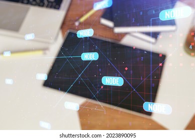 Abstract creative coding concept and modern digital tablet on background, top view. Multiexposure