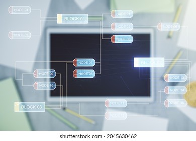 Abstract creative coding concept and modern digital tablet on background, top view. Multiexposure