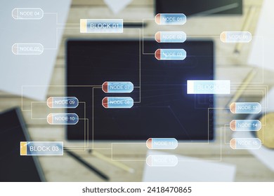 Abstract creative coding concept and modern digital tablet on background, top view. Multiexposure
