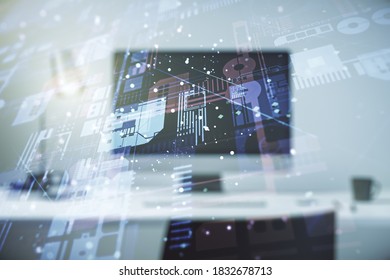 Abstract creative coding concept on modern laptop background. Multiexposure