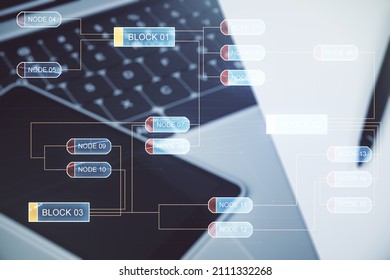 Abstract creative coding concept on modern laptop background. Multiexposure
