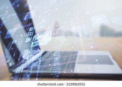 Abstract creative coding concept on modern laptop background. Multiexposure