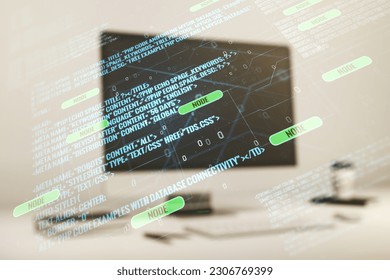 Abstract creative coding concept on modern laptop background. Multiexposure