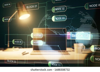 Abstract creative coding concept with world map on modern laptop background. Multiexposure