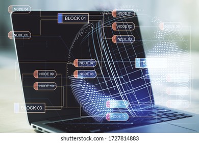 Abstract creative coding concept with world map on modern laptop background. Multiexposure