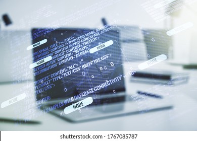 Abstract creative coding concept with world map on modern laptop background. Multiexposure