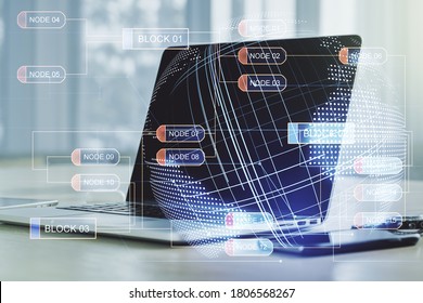 Abstract creative coding concept with world map on modern laptop background. Multiexposure