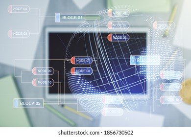 Abstract creative coding concept with world map and modern digital tablet on background, top view. Multiexposure
