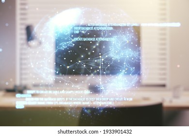 Abstract creative coding concept with world map on modern laptop background. Multiexposure