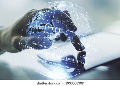 Abstract creative coding concept with world map and finger clicks on a digital tablet on background. Multiexposure