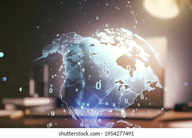 Abstract creative coding concept with world map on modern laptop background. Multiexposure