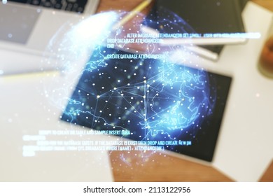 Abstract creative coding concept with world map and modern digital tablet on background, top view. Multiexposure