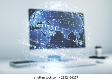 Abstract creative coding concept with world map on modern laptop background. Multiexposure