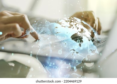 Abstract creative coding concept with world map and hands typing on laptop on background. Multiexposure