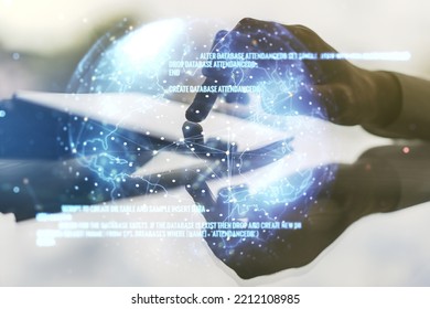 Abstract creative coding concept with world map and finger clicks on a digital tablet on background. Multiexposure