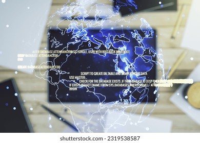 Abstract creative coding concept with world map and modern digital tablet on background, top view. Multiexposure