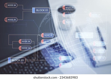 Abstract creative coding concept with world map on modern laptop background. Multiexposure
