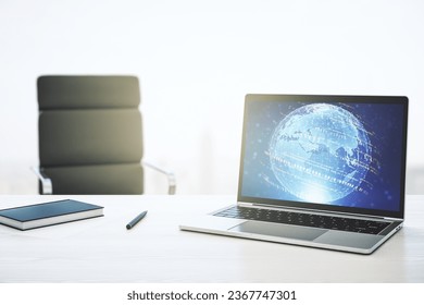 Abstract creative coding concept with world map on modern laptop screen. 3D Rendering