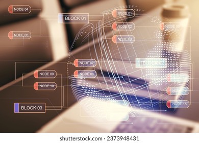 Abstract creative coding concept with world map on modern laptop background. Multiexposure