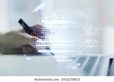 Abstract creative coding concept with world map and hand writing in notebook on background with laptop. Multiexposure