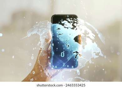 Abstract creative coding concept with world map and hand with phone on background. Multiexposure