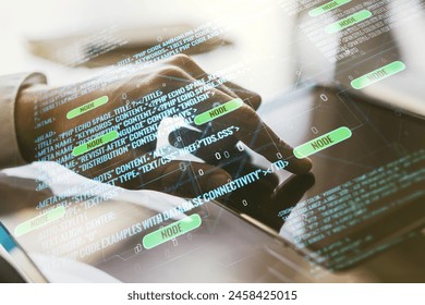 Abstract creative coding illustration with finger clicks on a digital tablet on background, software development concept. Multiexposure