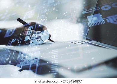 Abstract creative coding illustration with hand writing in diary on background with laptop, software development concept. Multiexposure