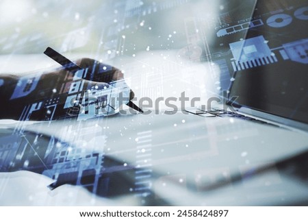 Abstract creative coding illustration with hand writing in diary on background with laptop, software development concept. Multiexposure