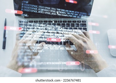Abstract creative coding illustration with hands typing on laptop on background, software development concept. Multiexposure