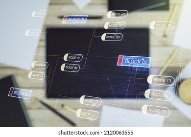 Abstract creative coding illustration and modern digital tablet on desktop on background, top view, software development concept. Multiexposure