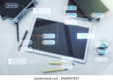 Abstract creative coding illustration and modern digital tablet on desktop on background, top view, software development concept. Multiexposure