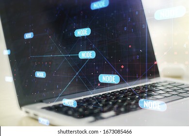 Abstract creative coding illustration on modern computer background, software development concept. Multiexposure