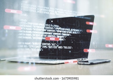 Abstract creative coding illustration on modern computer background, software development concept. Multiexposure
