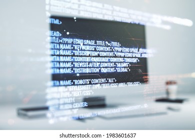 Abstract creative coding illustration on modern computer background, software development concept. Multiexposure