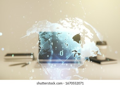 Abstract creative coding illustration with world map on modern computer background, international software development concept. Multiexposure