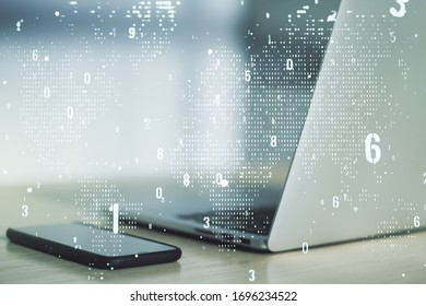 Abstract creative coding illustration with world map on modern computer background, international software development concept. Multiexposure