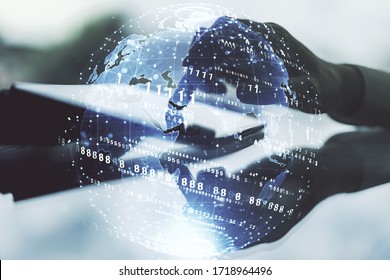 Abstract creative coding illustration with world map and finger clicks on a digital tablet on background, international software development concept. Multiexposure