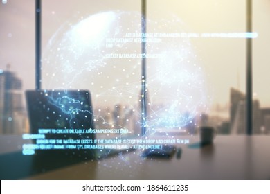 Abstract creative coding illustration with world map and modern desktop with pc on background, international software development concept. Multiexposure