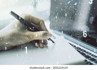 Abstract creative coding illustration with world map and hand writing in diary on background with laptop, international software development concept. Multiexposure