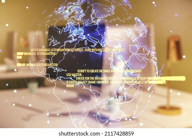 Abstract creative coding illustration with world map on modern computer background, international software development concept. Multiexposure