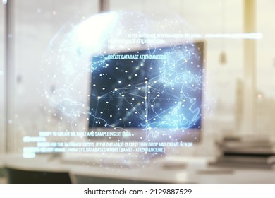 Abstract creative coding illustration with world map on modern computer background, international software development concept. Multiexposure